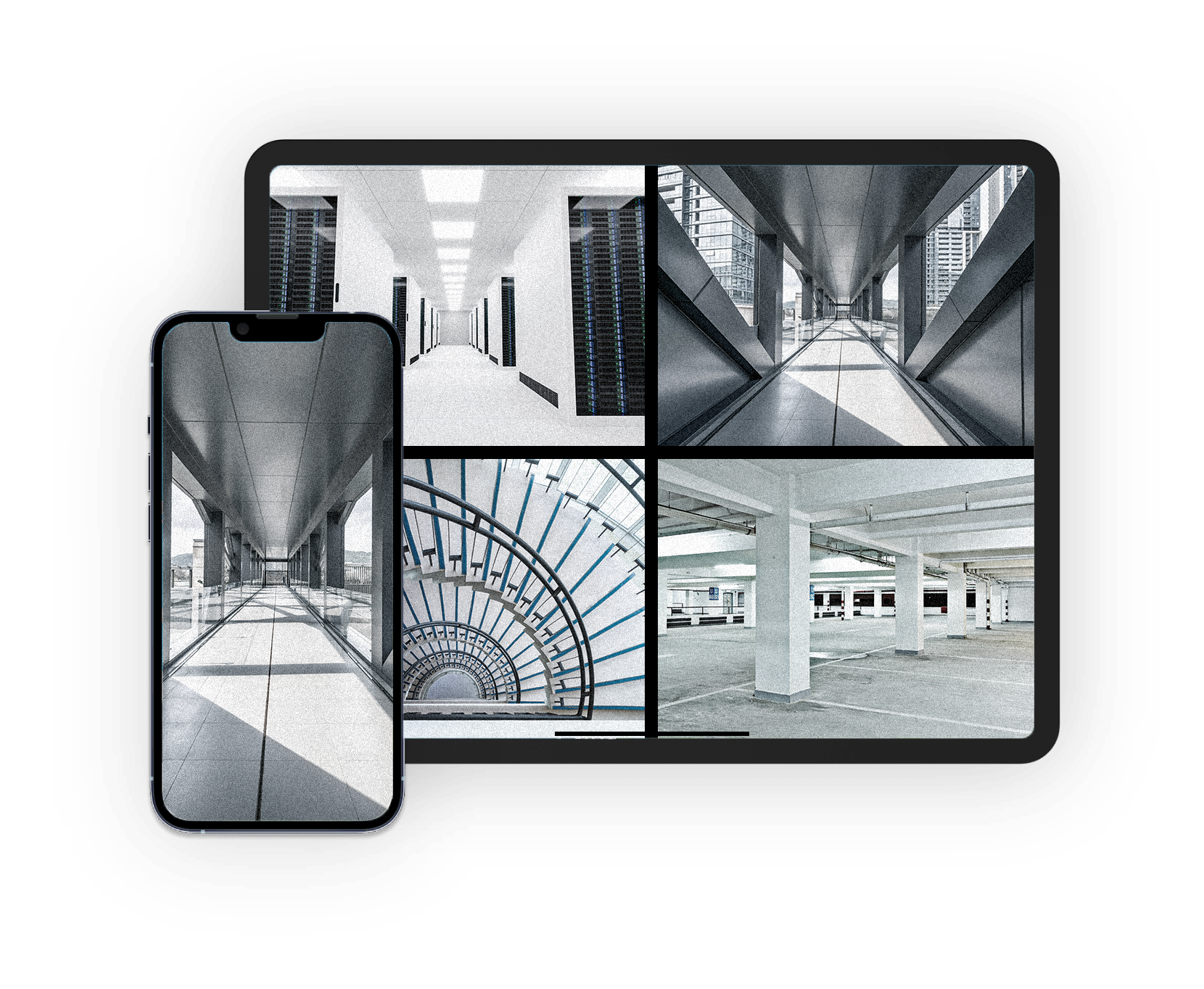 Une tablette et un téléphone affichant la diffusion des caméras de vidéosurveillance Tracor Europe