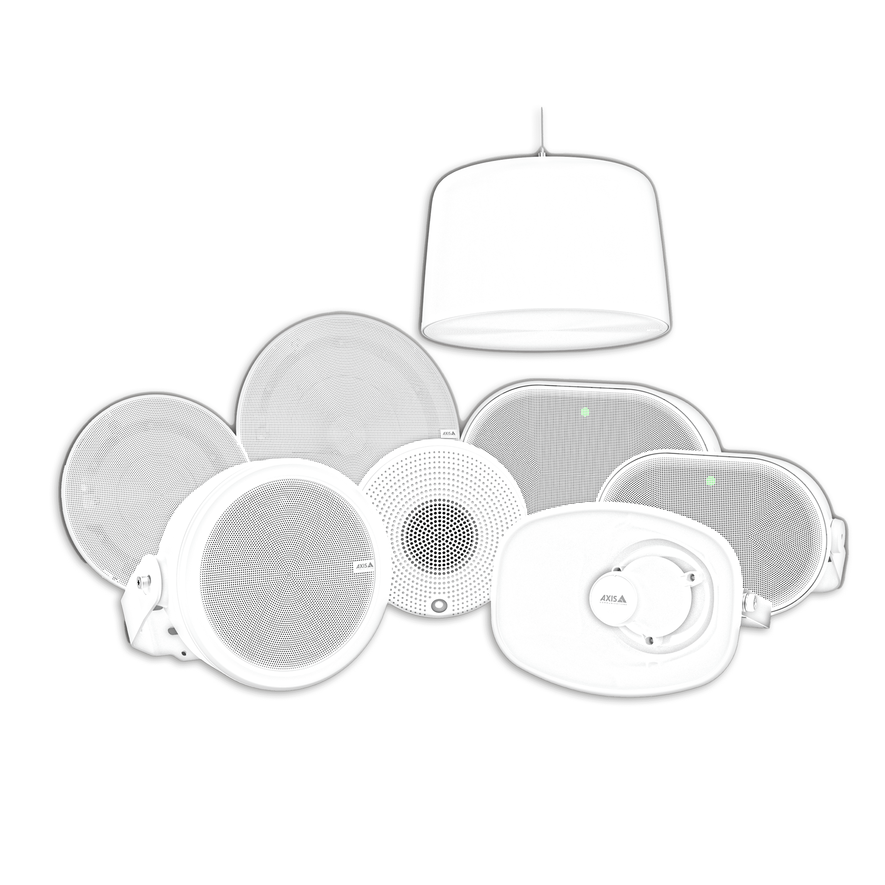 Dessins de différents hauts parleurs et interphone IP pour la diffusion d'annonce sécurité vendues par Tracor Europe, distributeur leader dans la sécurité IP.